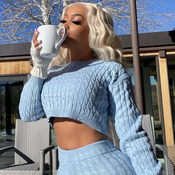 Fashion Nova Pants - Sweater Sweetie Pant Set- Light Blue